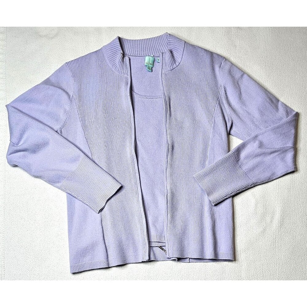 Vtg Shu Shu Women Lavender Cardigan & Tank Set Size S Ribbed Knit Cotton Blend